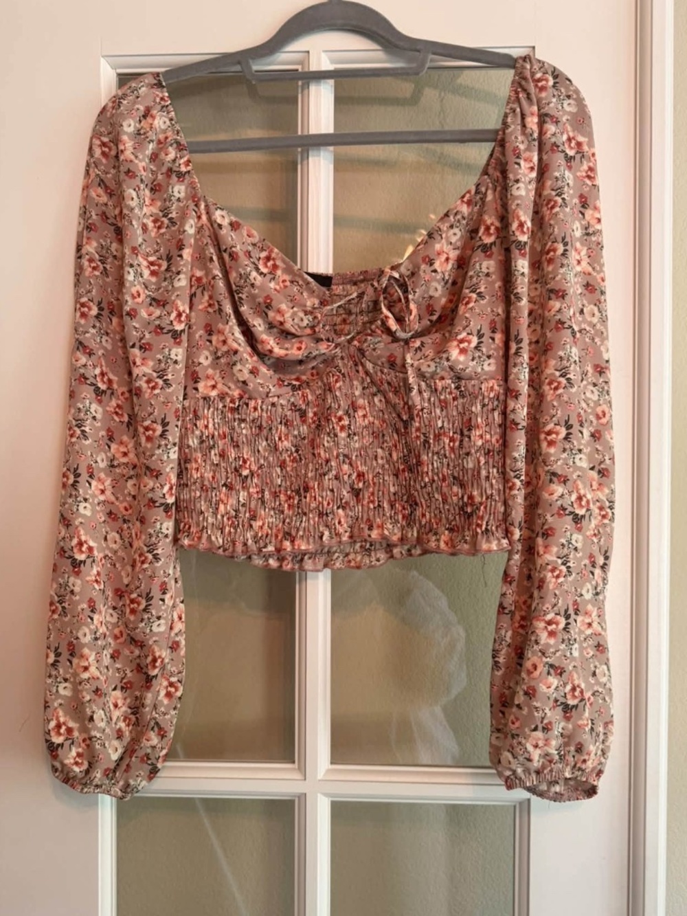 Floral Smocked Peplum Blouse – Mauve Rose Long Sleeve Romantic Boho Top